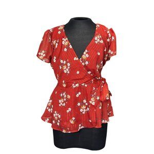 Red Floral Wrap Blouse By Blue Rose Small Size Womens